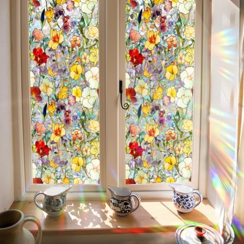 GORGECRAFT 39.4x17 Inch Colorful Flower Rainbow Window Privacy Film 3D Stained Window Glass Covering Decorative Window Cling Non-Adhesive Static Reusable UV Resistant Decals Sticker for Room Home by GORGECRAFT