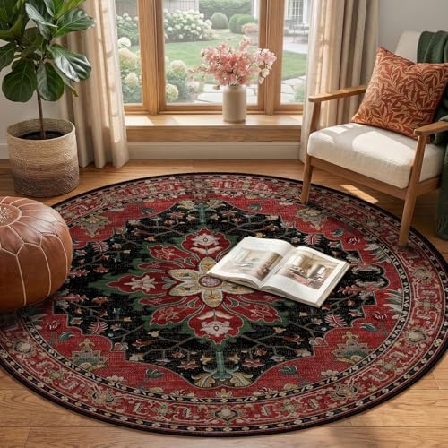 RELEANY Washable Area Rug, Round 4ft, Red/Black - Image 2