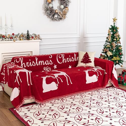 MYSKY HOME Christmas Couch Cover for Dogs, Washable Couch Covers, Non Slip Sofa Slipcover, Couch Cover 2 Cushion Sofa Dogs Furniture Protector, Chenille Sofa Covers for Pets, Kids, 71"x102", Red by MYSKYHOME