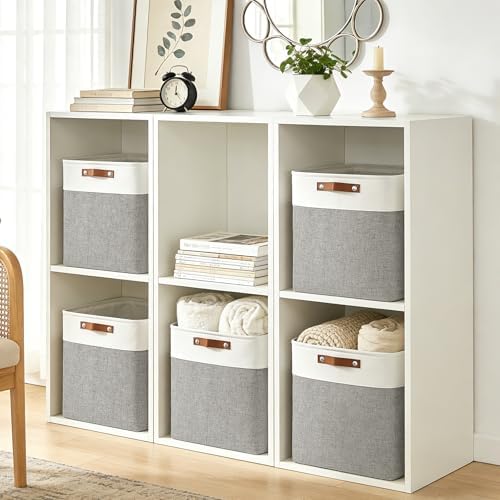 Bagnizer Large Fabric Storage Baskets | 50L Storage Bins, Decorative Linen Closet Baskets with Handles for Organizing, Shelf, Toys, Clothes, Home, Office, Nursery, 17x12x15Inches (Grey&White) - Image 3