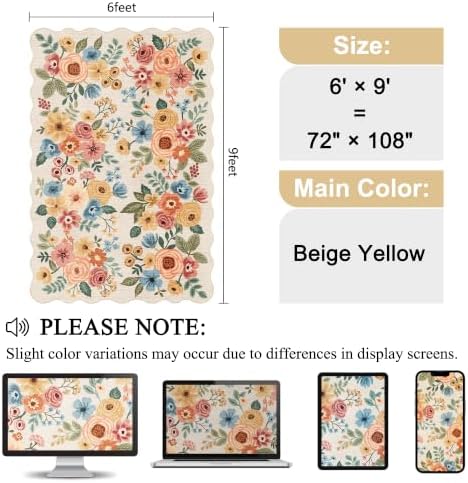 DUKINO 6x9 Area Rugs, Floral Washable Living Room Rug Non Slip Beige Yellow - Image 2