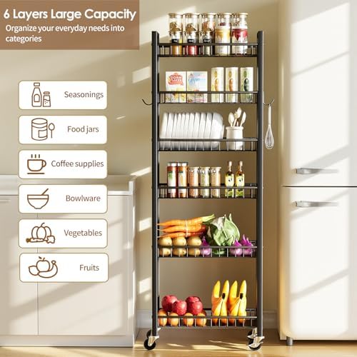 6 Tier Slim Storage Cart, Narrow Rolling Cart with Wheels, 10in(W) - Image 3