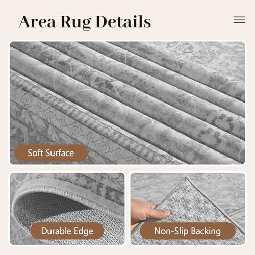 5x7 Ft Area Rugs for Living Room, Soft Non-Slip Machine Washable Rug, Vintage Stain Resistant Carpets for Bedroom Nursery Dining Room Home Decor (Grey) - Image 6