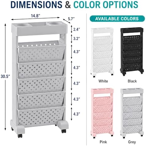 BYFU 6-Tier Rolling Bookshelf Cart, Grey - Image 3