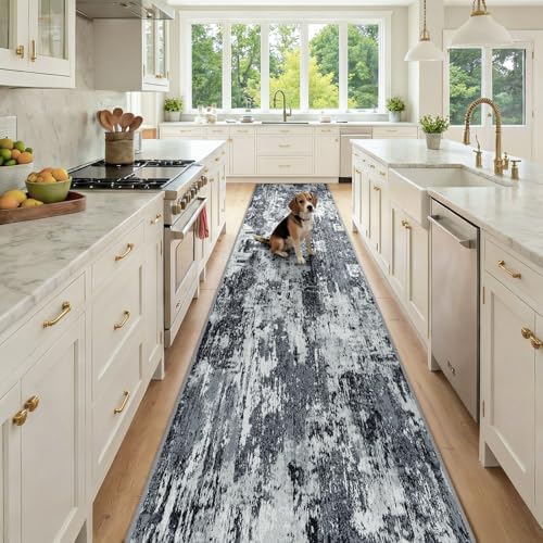RELEANY Washable Runner 2'6"x12' Abstract Area Rug for Hallway Black White by RELEANY