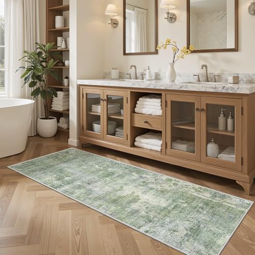 Soalmost Abstratc Runner Rug 2x5 Washable Kitchen Entry Runners Green/Ivory - Image 4