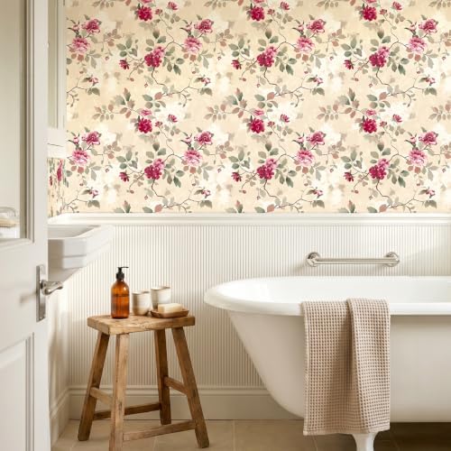 CRE8TIVE Non‑Woven Beige Floral Peel and Stick Wallpaper Vintage 12"x354" | Magenta Pink Peony Floral Wallpaper for Bedroom Living Room, Adhesive Floral Contact Paper for Walls Countertops Waterproof - Image 5