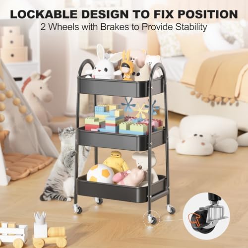 EAGMAK 3 Tier Rolling Cart, Large Metal Storage Cart with Handle and Lockable Wheels, Big Multifunctional Storage Organizer Trolley with Mesh Baskets for Kitchen, Living Room, Office, Garage (Black) - Image 5