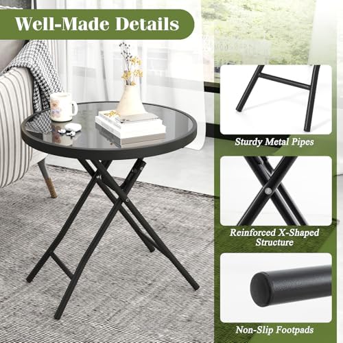 GIANTEX Folding Side Table w/Tempered Glass Tabletop & Metal Frame, Black - Image 6