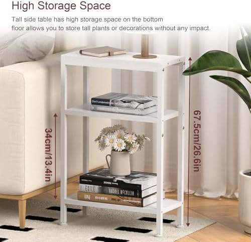 Narrow Side Table for Small Space, 3 Tier Slim End Table, Thin Nightstand, Skinny Snack Couch Table, Sofa Bedside Table, Tall Plant Stand in Living Room, Bedroom, Study, Kitchen and Balcony (White) - Image 5