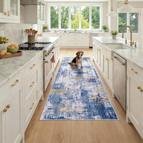 RELEANY Washable Runner 3'x7' Abstract Area Rug for Hallway Blue Gold by RELEANY