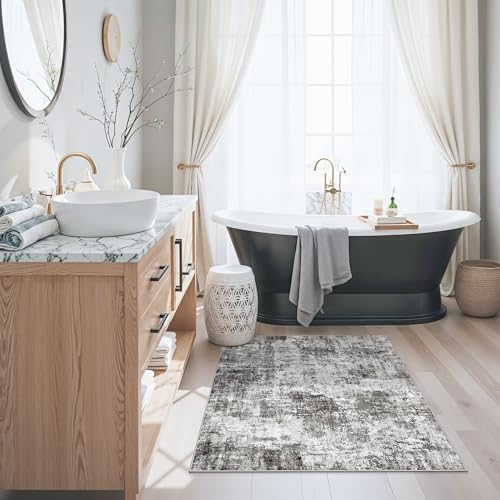 3x3 Square Entryway Rug Washable – Non-Slip Small Area Rug for Kitchen or Bathroom, Soft Low-Pile Indoor Mat, Modern Abstract Thin Door Carpet (Grey) - Image 4
