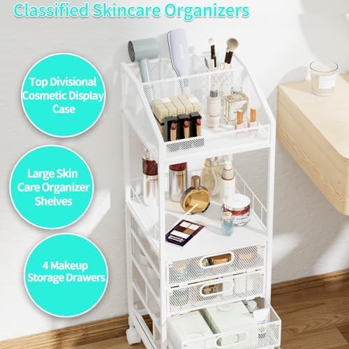 HapiRm Makeup Organizer Storage Cart - Floor Skincare Make Up Storage with 4 Drawers, Rolling Makeup Cart Vanity Organizer Cosmetics Display Cases Holder for Skin Care Perfume Nail Polish - Image 5