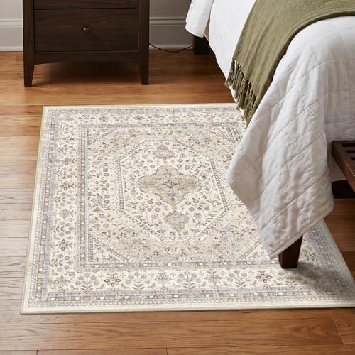 Puino 3x3 Square Washable Area Rug - Non-Slip Vintage Throw Rugs Beige Gray - Image 2