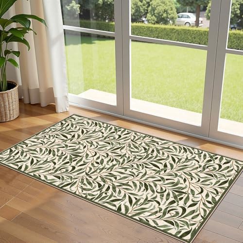 Front Door Mat Indoor Entrance - 2x4.3 Sage Green Leaf Runner Rug by Othilic