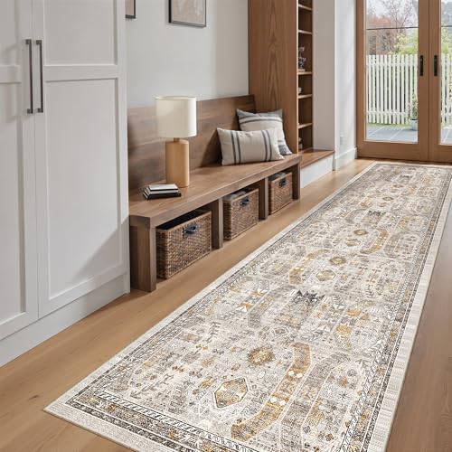 Madane Hallway Runner Rug 2'6''x10' Kitchen Runners Vintage, Brown/Gold - Image 3