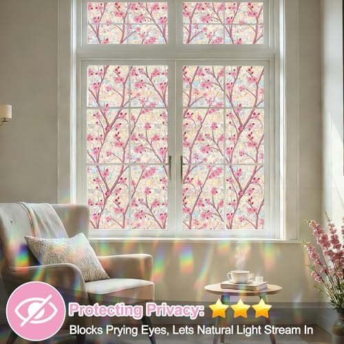 Countewol Stained Glass Privacy Window Film Static Cling Window Film Anti-Glare UV Protection Removable Decorative Window Clings for Home（Rainbow Sakura 157.4" L*45.27" W - Image 5