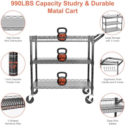 BolDuck Heavy Duty Utility Cart, 990Lbs Capacity 3 Tier Rolling Carts with Wheels, Kitchen Cart on Wheels with Storage, Commercial Grade Metal Serving Carts with Wire Shelving &Handle Bar, Black - Image 4