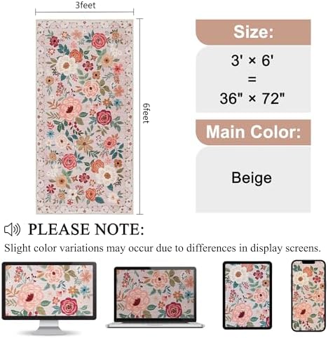 DUKINO 3x6 Runner Rug, Non Slip Floral Washable Rug for Kitchen, Beige - Image 2