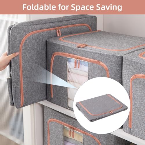 GuliPostan 3 Pack 24L Stackable Clothes Storage Bins with Metal Frame Handles & Zipper, Collapsible Closet Organizer Box with Lid for Bedding Blankets Towel (Grey) - Image 4