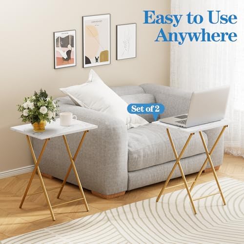 Folding TV Tray Table Set of 2, Portable Foldable TV Dinner Tray, Space-Saving Snack Serving Sofa Side Table, Easy to Fold Stable TV Trays for Living Room, Bedroom, Small Spaces (White Marble + Gold) - Image 6
