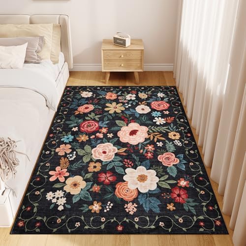 DUKINO 4x6 Area Rug, Floral Washable Office Rug Non Slip Chair Mat, Black - Image 5