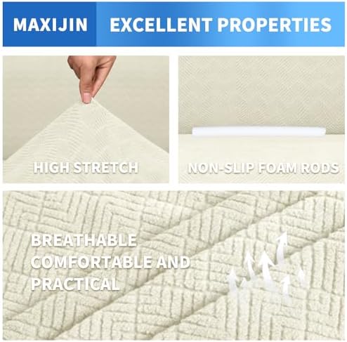 MAXIJIN Couch Covers for 3 Cushion Couch Sofa (71"-91"), 1-Piece Stretch Sofa Cover Slipcover Furniture Protector with Elastic Bottom for Kids,Dogs (Large, Diamond Pattern Beige) - Image 4