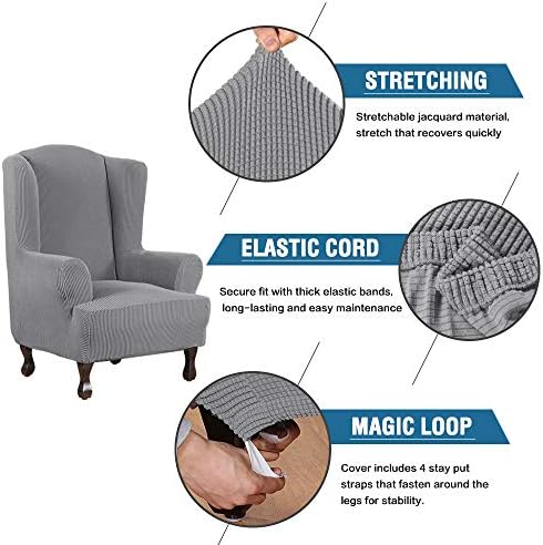 H.VERSAILTEX Wing Chair Slipcover Chair Covers for Wingback Chairs Wingback Chair Covers Slipcovers 1 Piece Stretch Sofa Cover Furniture Protector Soft Spandex Jacquard Checked Pattern, Dove - Image 3