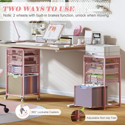 Sbanmao 4 Drawer Rolling File Cart Under Desk Storage, File Cabinets for Home Office, Mobile Filing Cabinet, Hanging File Organizer with Wheels, Utility Cart Printer Stand, Pink - Image 5