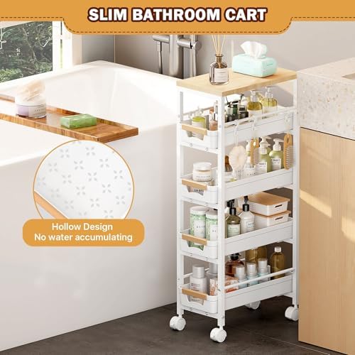 SUNALLY Slim Storage Cart with Wheels, Narrow Kitchen Rolling Cart, White - Image 7