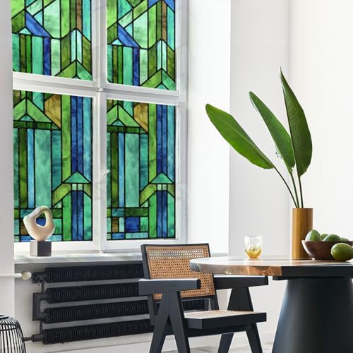 Original Hand Drawn Faux Stained Glass Window Film, Double-Sided Privacy Static Film, Cool Aqua Green Geometry Patterns Inspired by Hollyhock House, Peep Proof 16.93"X84.65" by ChicSkin