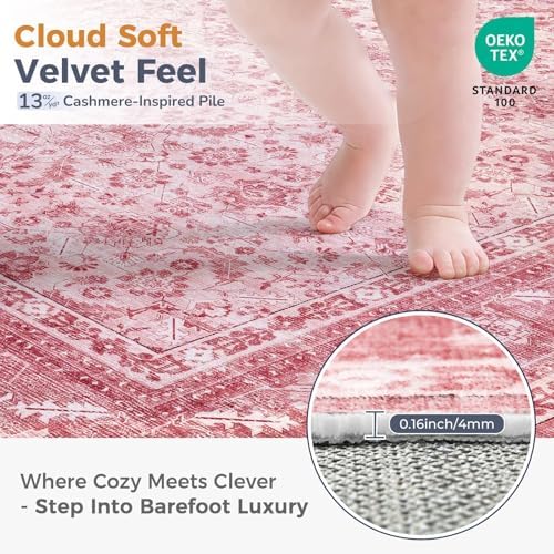 OPPODREAM Vintage Pink Area Rugs 3' Round, Washable Rug for Living Room - Image 2