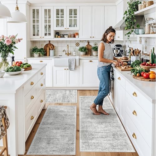Washable Non-Slip 3 Piece Kitchen Rugs Set – Modern Boho Low-Pile Area Rugs and Runner for Entryway Bathroom Hallway – Decorative Small Indoor Rugs (Grey Ivory, 2x3+2x4+2x5) - Image 3