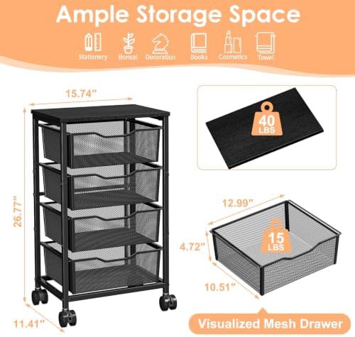 Hongtamoya Rolling Cart with Drawers, Storage Cart with Wheels, Black - Image 3