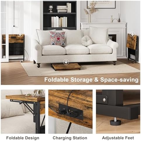Foldable C-Shaped Table with Charging Station, Folding TV Tray End Table for Small Space, Portable Side Table for Couch, C Table with Storage Bag for Sofa Living Room, Bedroom Rustic Brown SC-005R - Image 6