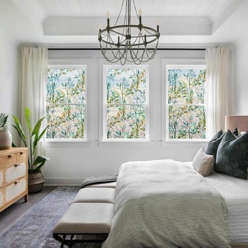 Retro Flowers Window Privacy Film, Magnolia Stained Glass Decorative Window Film for Glass, Rainbow Stained Window Cling Sticker Floral Removable Static Cling for Window (1, Green Leaves, 17x157.5in) - Image 4