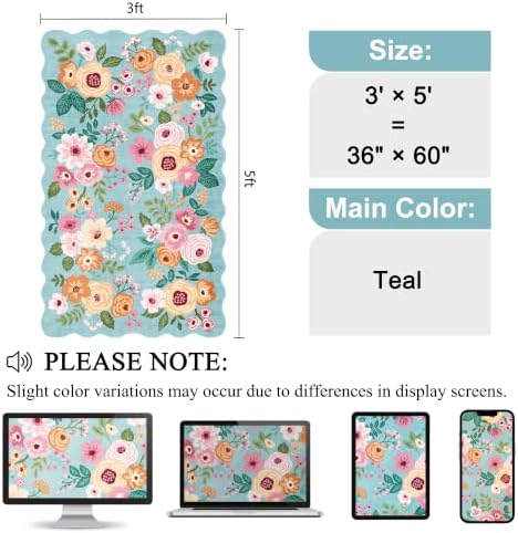 DUKINO 3x5 Area Rugs, Non Slip Floral Washable Rug for Bedroom, Teal - Image 2