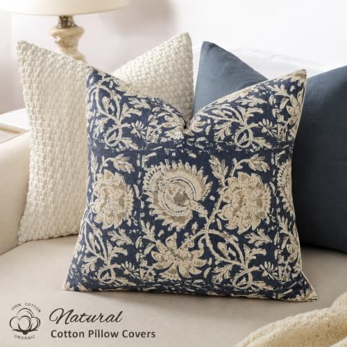 Vintage Floral Print Throw Pillow Covers 22x22 Set of 2 Neutral Modern Farmhouse Pillow Cases Accent Decorative Cushion Covers Boho Home Decor for Couch Sofa Chair Bed Living Room, Navy - Image 2