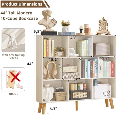 LEYAOYAO 10 Cube Bookshelf,Mid-Century Modern Bookcase with Legs,Light Grey - Image 2