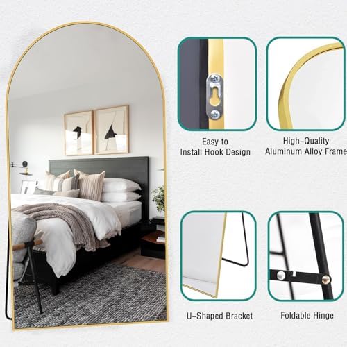 78''x38'' Oversized Full Length Mirrors, Arched Floor Mirror with Stand, Full Body Large Standing Mirror/Leaning/Hanging Wall Mounted for Living Room, Bedroom, Gold - Image 4
