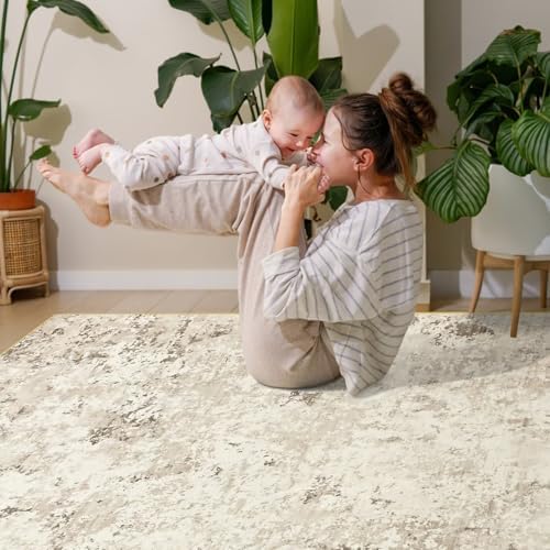 Toneed Washable 5x7 Beige Area Rug with Non-Slip Backing for Living Room - Image 5