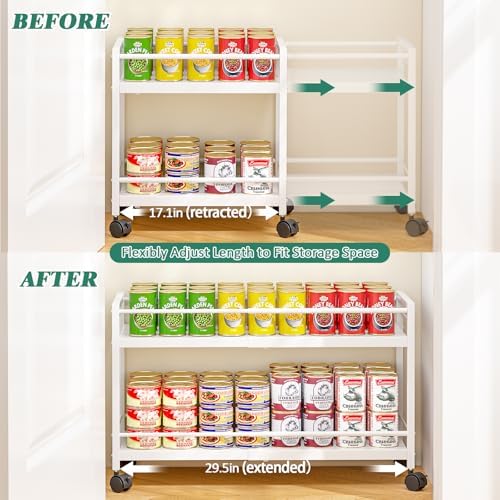 2-Tier Expandable Rolling Pantry Cart with Wheels, Adjustable Floor Organizer for Kitchen Pantry, Can Organizer for Pantry, Storage Cart for Snack, Food, Vegetables, White, Patent Pending - Image 5