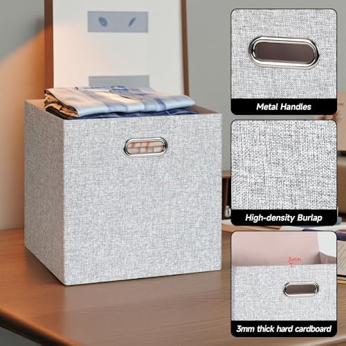 Posprica Collapsible Storage Bins,13×13 Foldable Storage Cube Boxes Fabric Drawer Fabric Storage Bins Vinyl Record Woven Gray, 4 Pack - Image 4