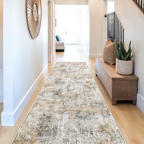 Rug Runners for Hallways Non Slip - 3X10 Washable Kitchen Runner Rug with Rubber Backing | Modern Abstract Wide Floor Carpet Runner for Indoor Entryway, Bedroom, Living Room (Gold Grey) by ZHXXUJ