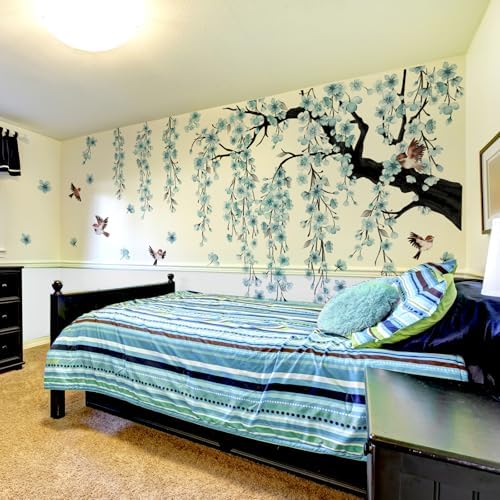 Cherry Blossom Tree Wall Decals with Birds, Large Removable Peel and Stick Flower Wall Stickers for Girls Room, Bedroom, Living Room Decor, 61.81 x 50.39 Inch, 4 Sheets (Blue) - Image 5