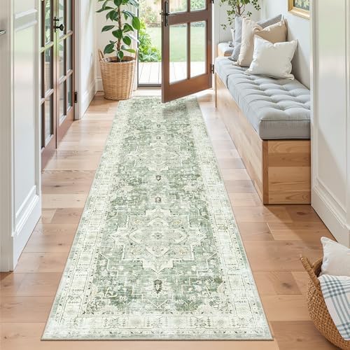 Madane Hallway Runner Rug 2x8 Washable Kitchen Rugs Non-Slip, Green/Ivory - Image 4