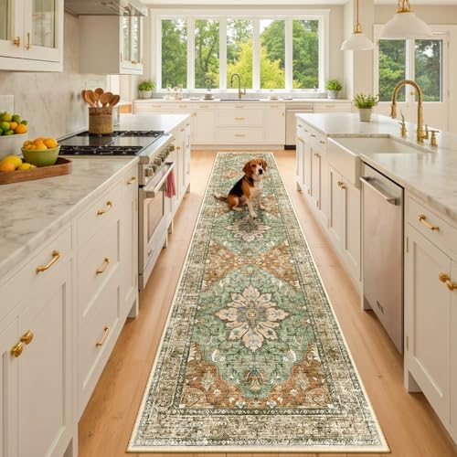 RELEANY Washable Area Rug, Runner 2'x10', Brick/Brown/Green by RELEANY