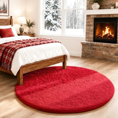 Ophanie Round Rug 4Ft Red Circle Area Rug, Christmas Room Decor, Aesthetic Nursery Bedroom Carpet, Fluffy Fuzzy Plush Soft Shaggy Living Room Rugs for Kids Boys Girls Home with 99 pcs Pile fibers by Ophanie