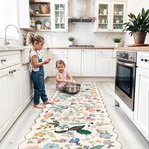 Washable 2x8 Hallway Runner Rug: Vintage Water-Resistant Floral Scalloped Kitchen Entryway Rug Ultra Soft Living Room Bedroom Carpet Non-Slip Indoor Floor Mat for Bathroom Dining Room(2x8,Cream) - Image 2