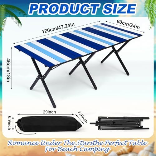 CroBlissful Beach Table Folding Camping Portable Table Striped White Aluminum Side with Carry Bag for Summer Camping Picnics and Outdoor Activities(48x24x18 in,Navy Blue) - Image 2